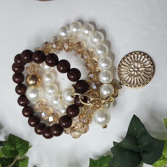 Boho Gold Brown Multi Stretch Bracelet Set - Picture 5 of 6